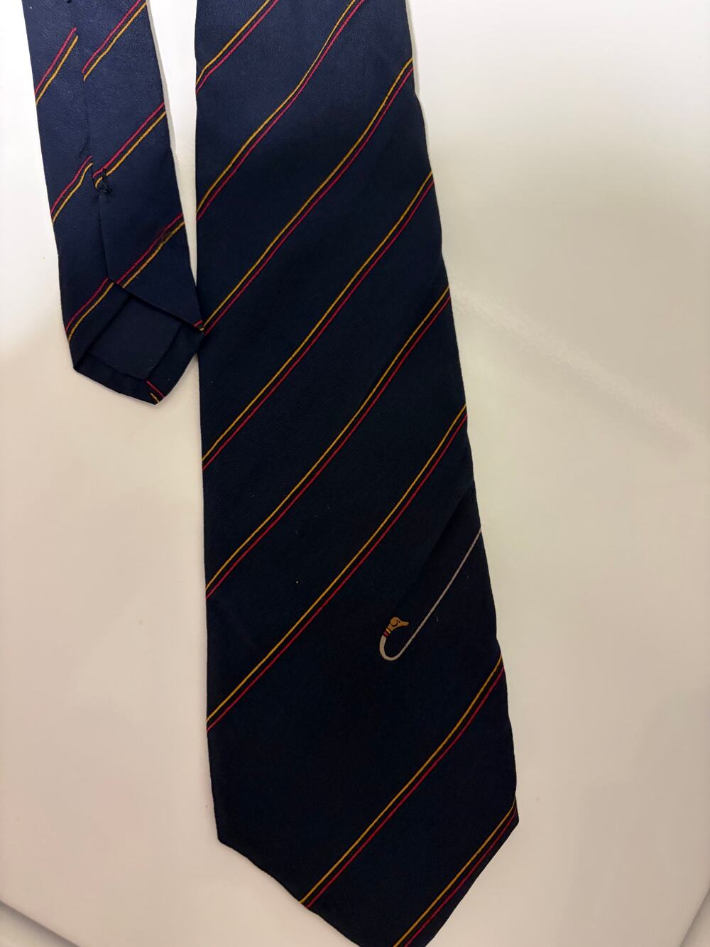 Rare Vintage Gucci Stripe Silk Tie | Navy, Gold & Red | Fly Hook Motif
